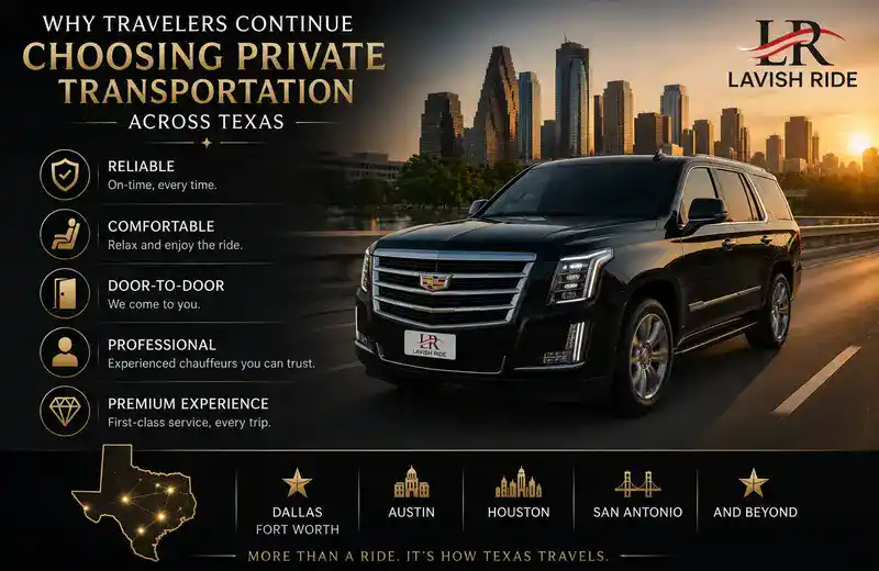 Cadillac Escalade luxury private transportation across Texas featuring reliable chauffeur service, door-to-door travel, premium comfort, and Lavish Ride branding with Houston skyline backdrop.